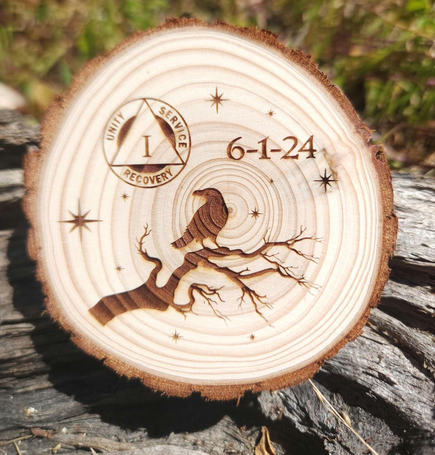 personalized AA sobriety medallion front view