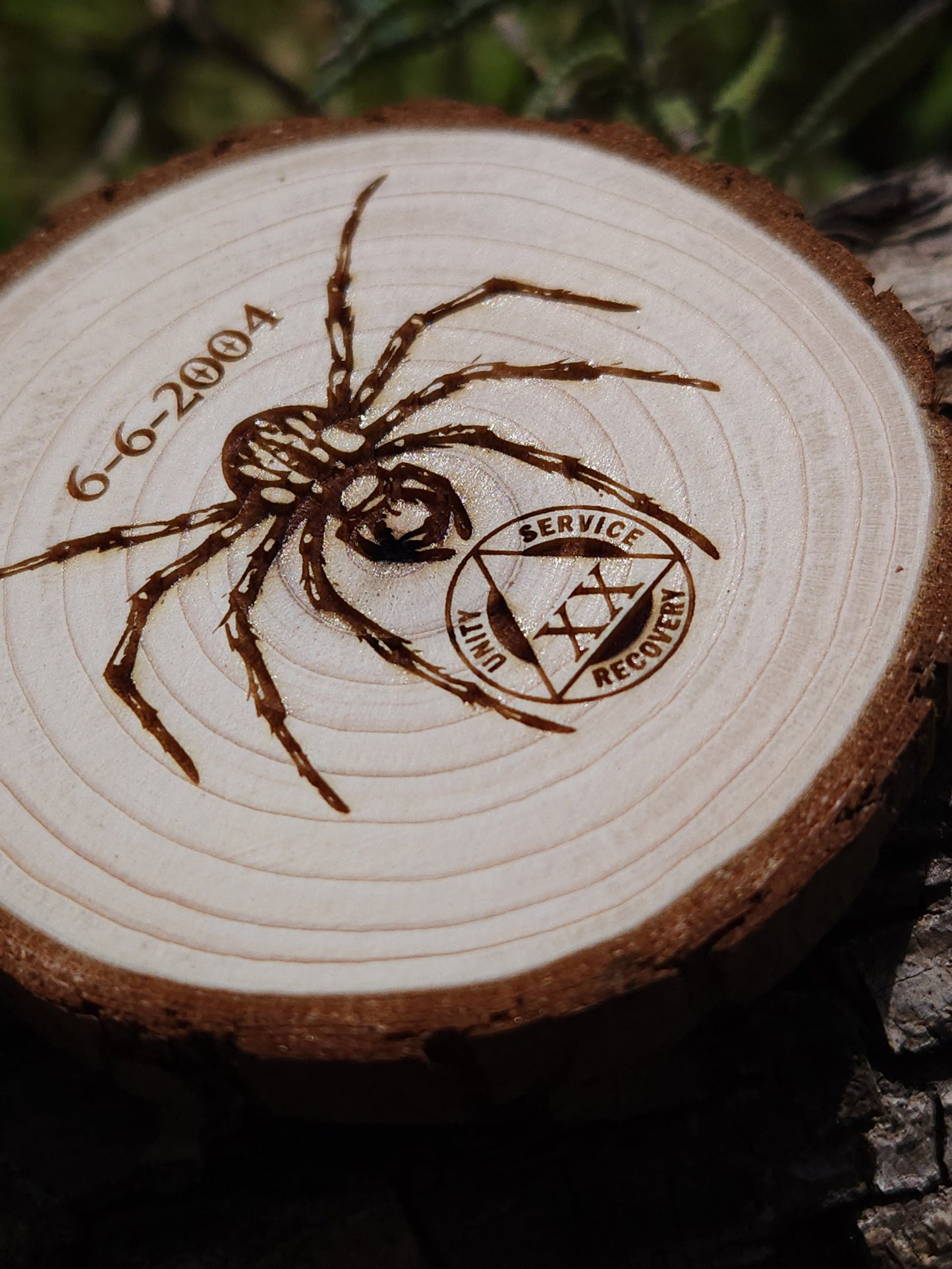 Sober Spider Wood Medallion: personalized AA sobriety medallion front view