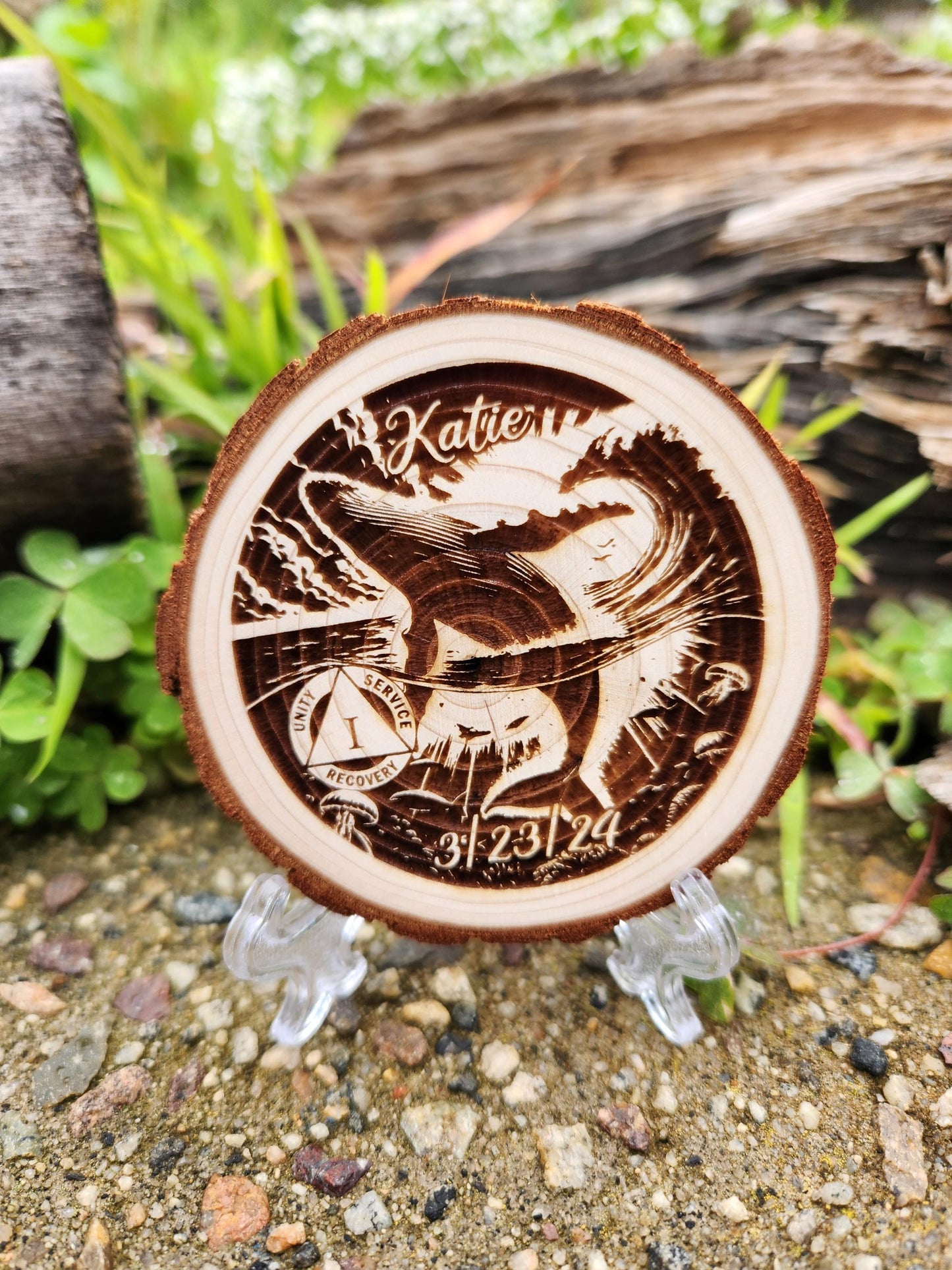 Engraved Wood personalized AA sobriety medallion front view