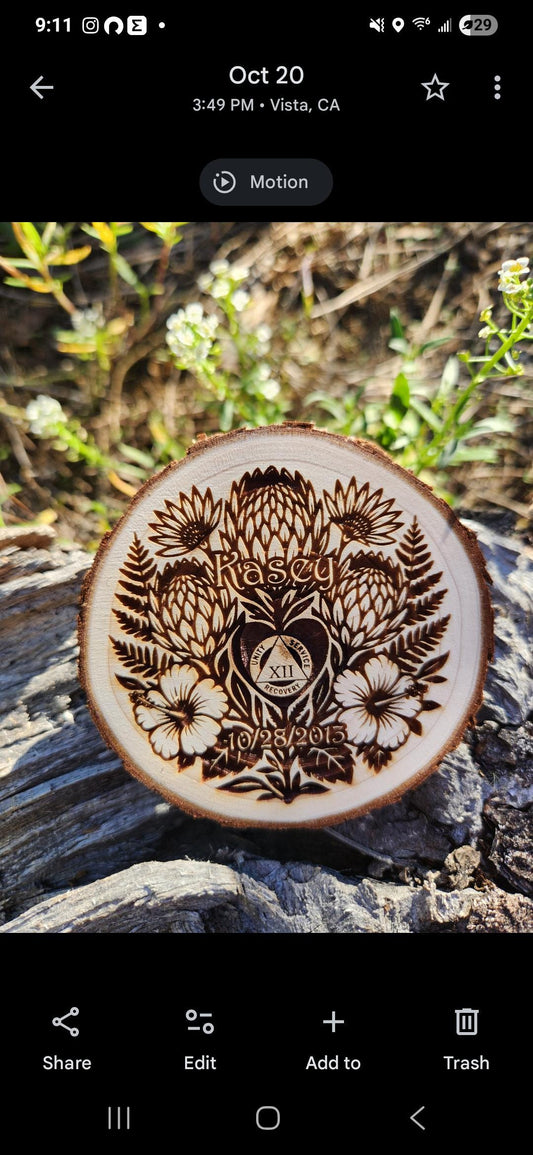 AA NA Sobriety Chip on Engraved Wood "Hawaiian Flowers" Personalized Recovery Token