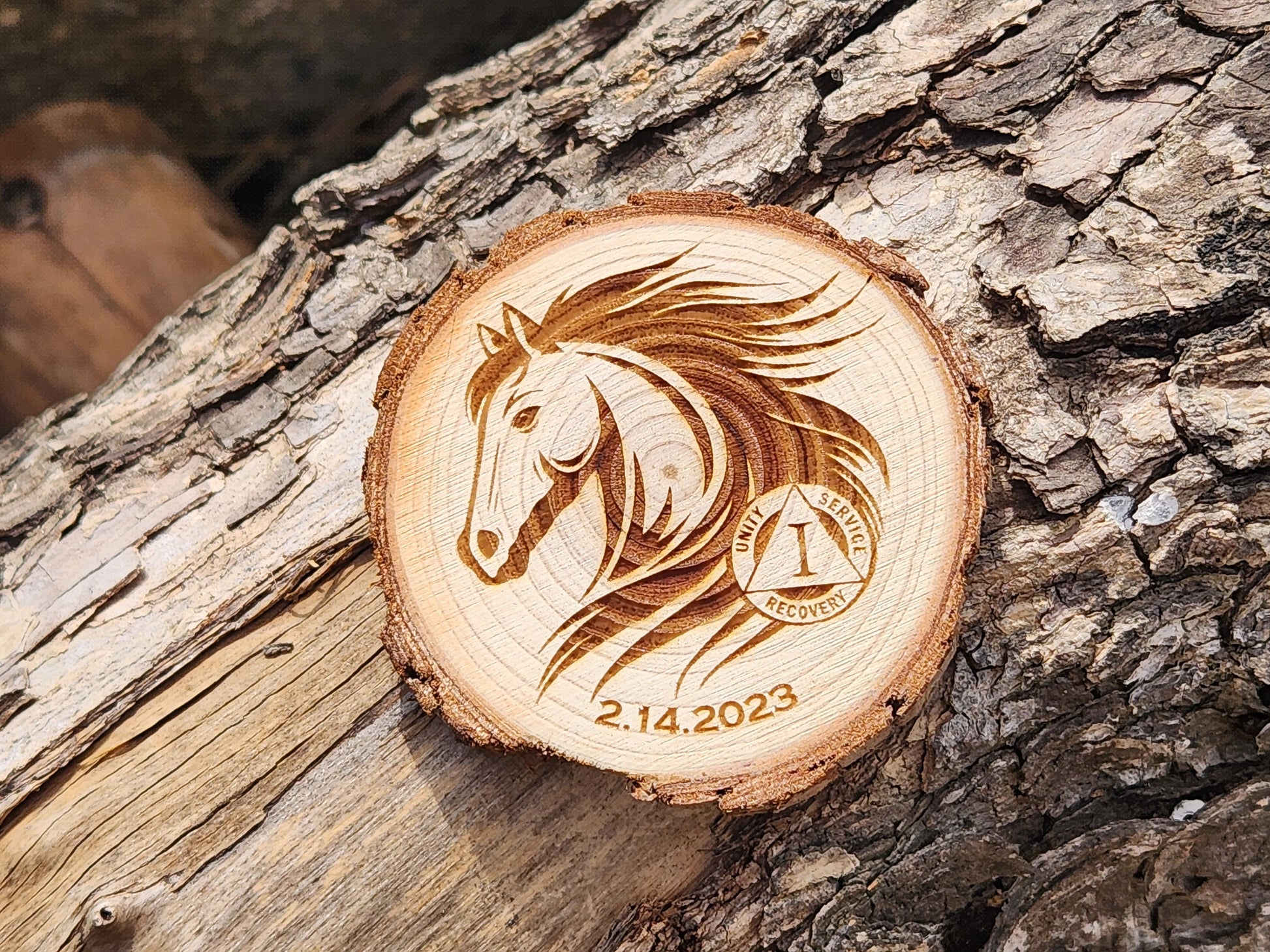 Wild and Free Stallion Horse personalized AA sobriety medallion front view
