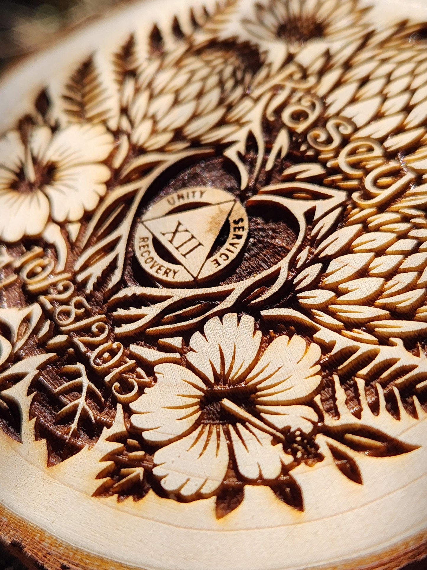 AA NA Sobriety Chip on Engraved Wood "Hawaiian Flowers" Personalized Recovery Token