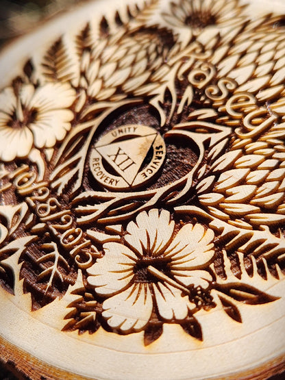 AA NA Sobriety Chip on Engraved Wood "Hawaiian Flowers" Personalized Recovery Token