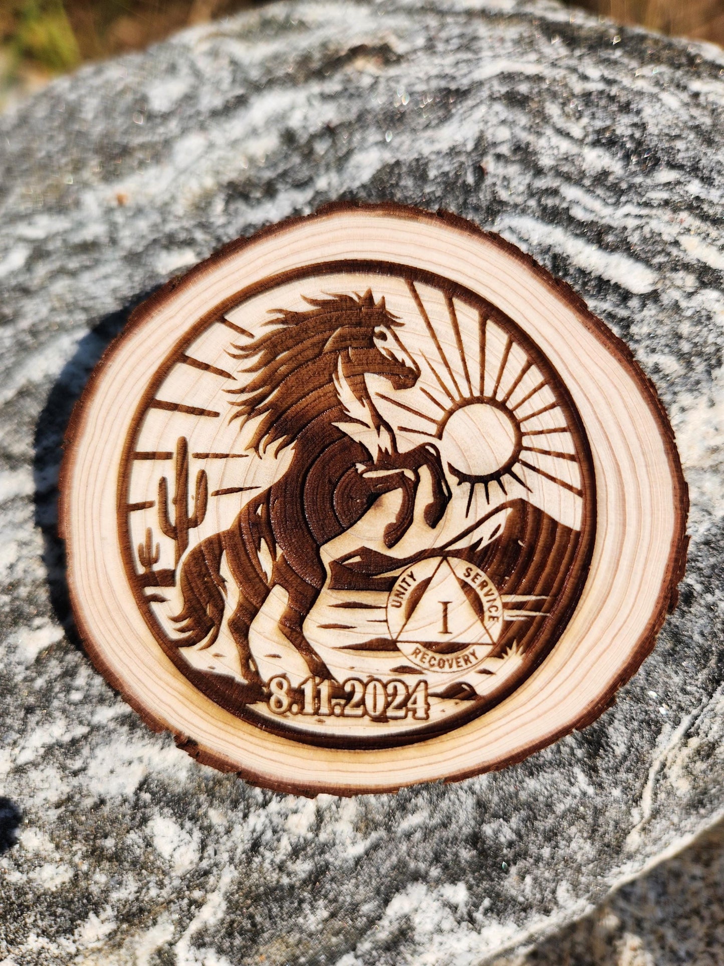 Engraved Wooden personalized AA sobriety medallion front view