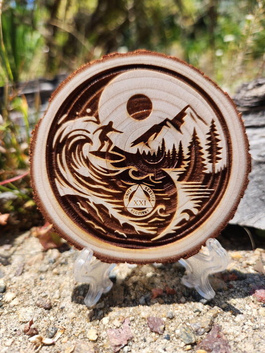Wood personalized AA sobriety medallion front view