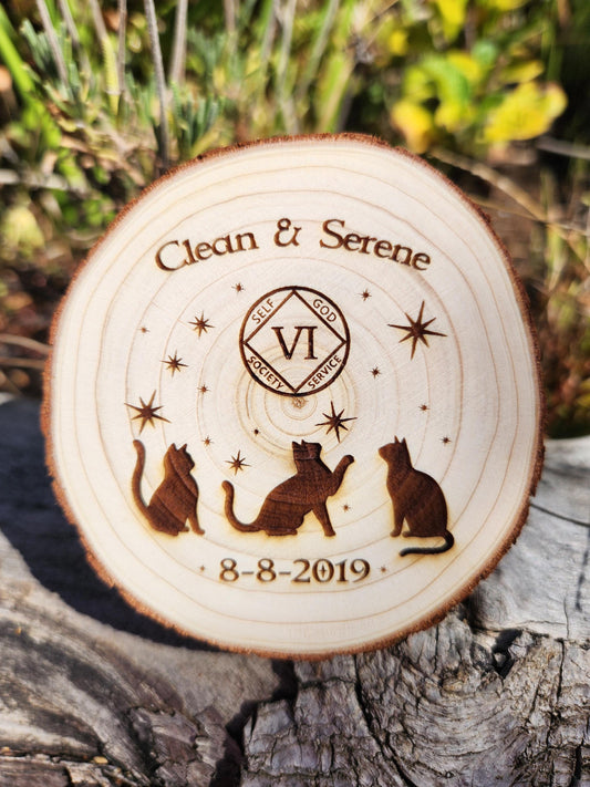 Engraved Wood personalized AA sobriety medallion front view