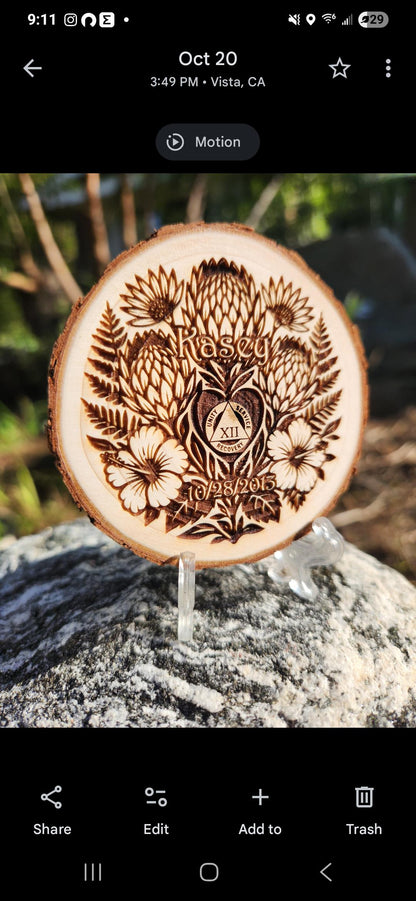 AA NA Sobriety Chip on Engraved Wood "Hawaiian Flowers" Personalized Recovery Token