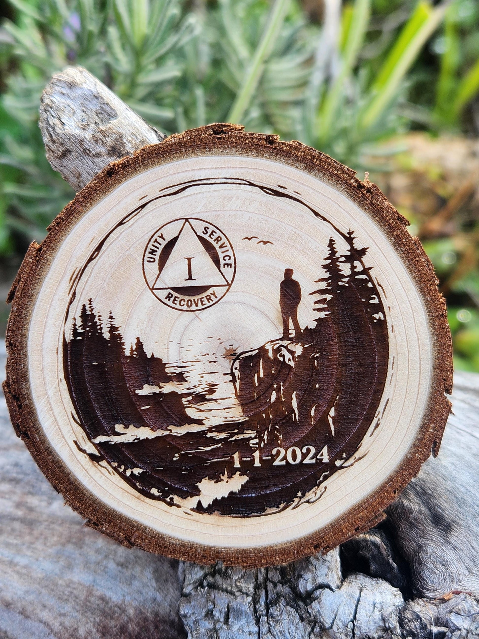 Seaside personalized AA sobriety medallion front view