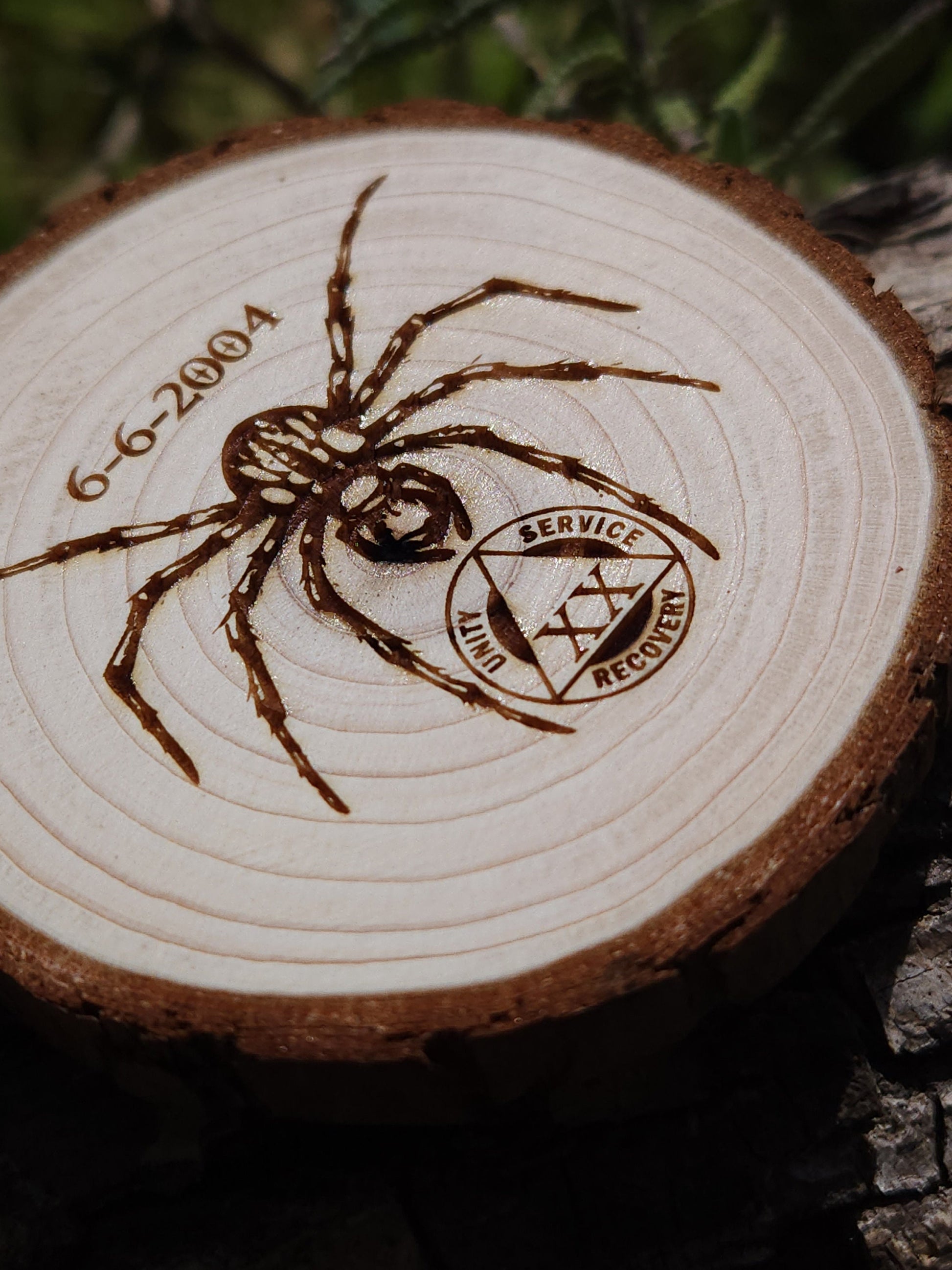 Sober Spider Wood Medallion: personalized AA sobriety medallion front view