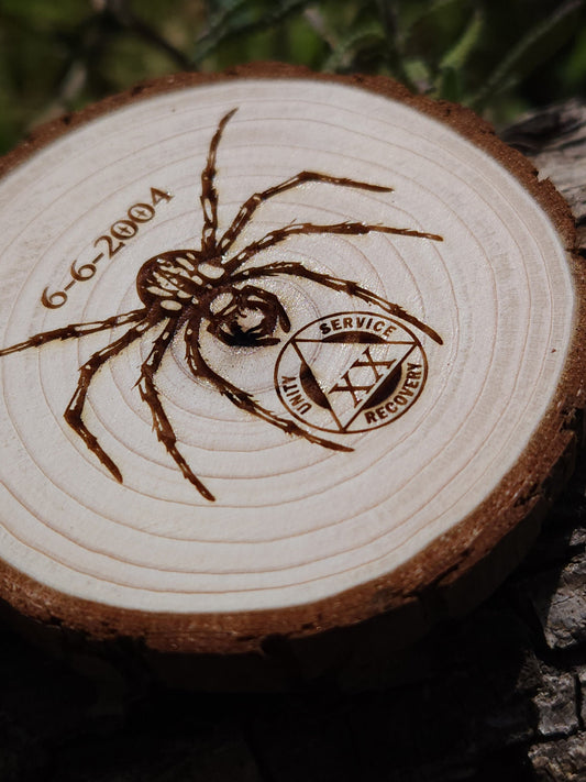 Sober Spider Wood Medallion: personalized AA sobriety medallion front view