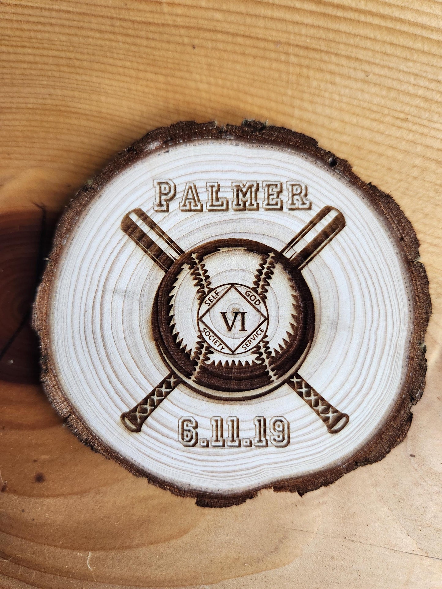 Engraved Wood personalized AA sobriety medallion front view