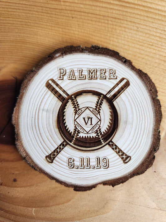 Engraved Wood personalized AA sobriety medallion front view