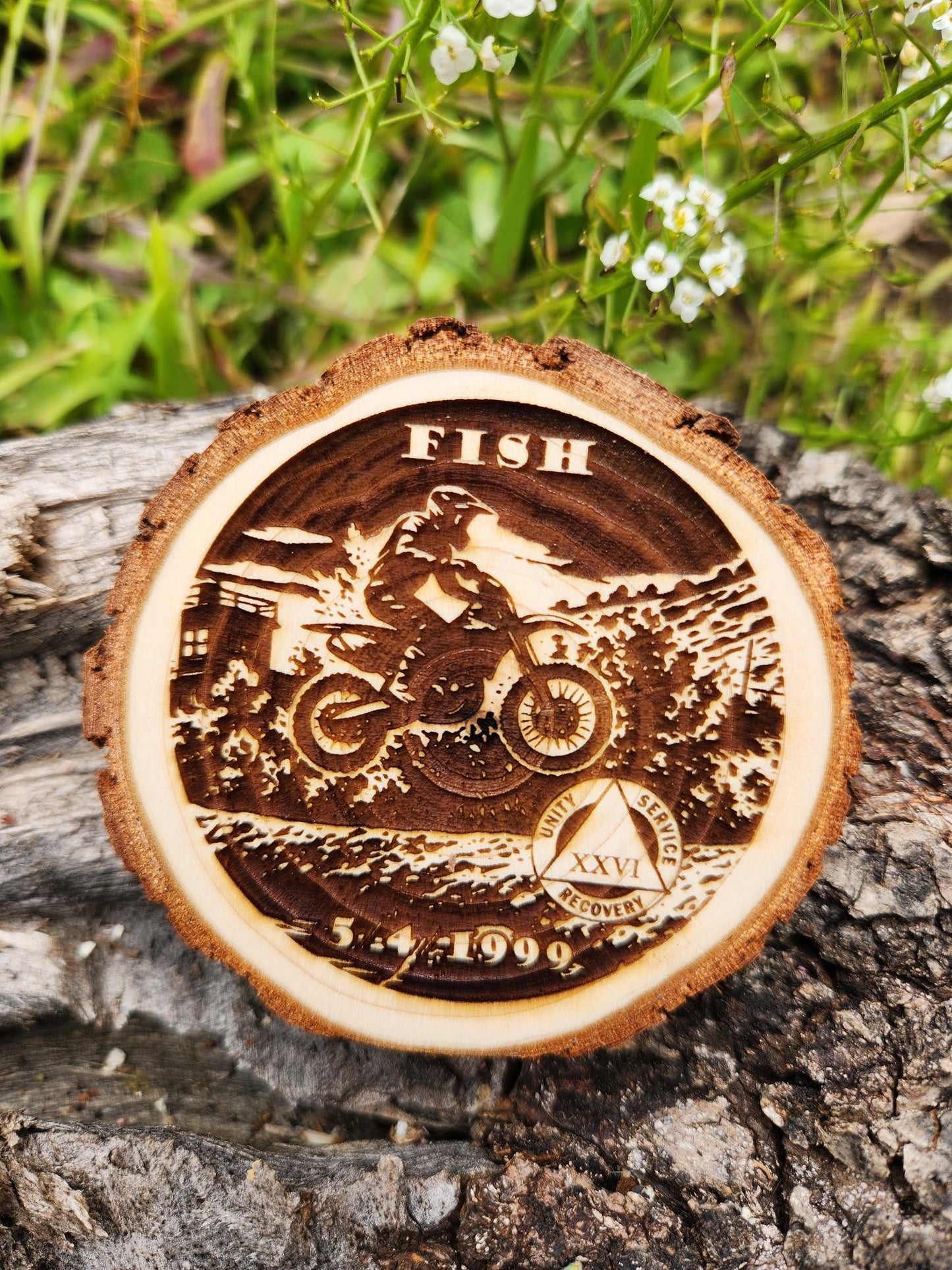 Wood personalized AA sobriety medallion front view