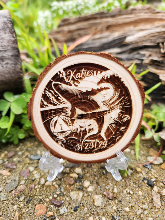Engraved Wood personalized AA sobriety medallion front view