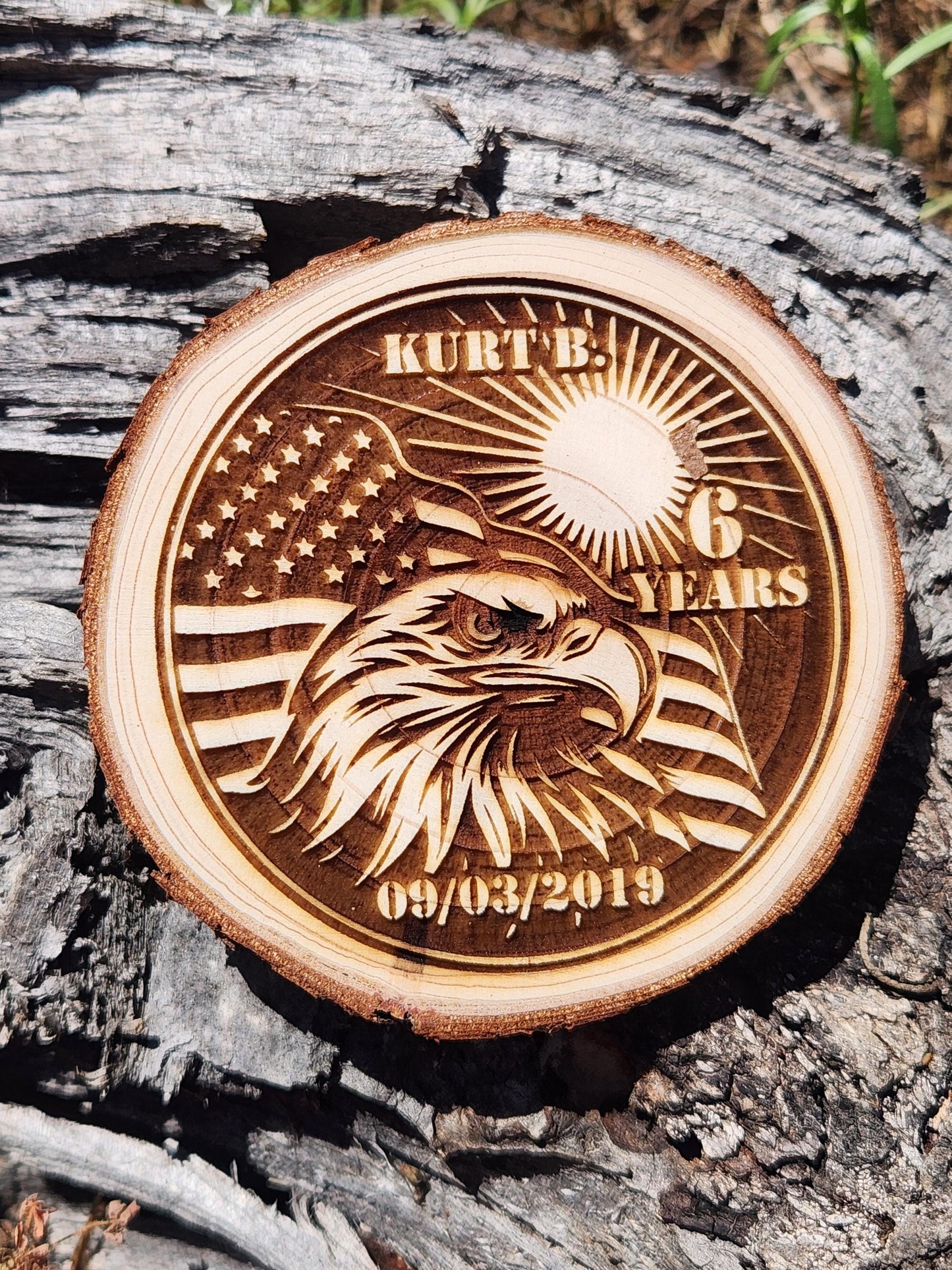 Sober Patriot Wood Medallion: AA NA personalized AA sobriety medallion front view
