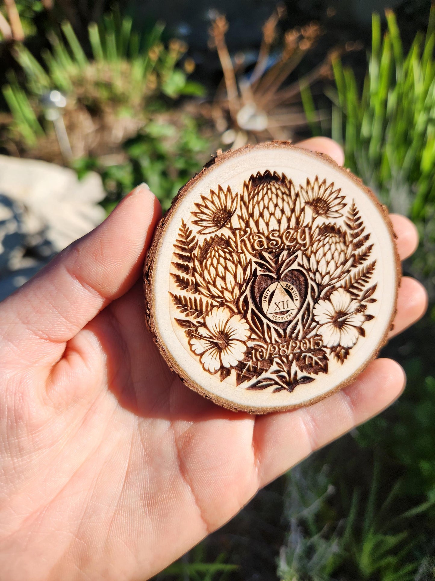 AA NA Sobriety Chip on Engraved Wood "Hawaiian Flowers" Personalized Recovery Token