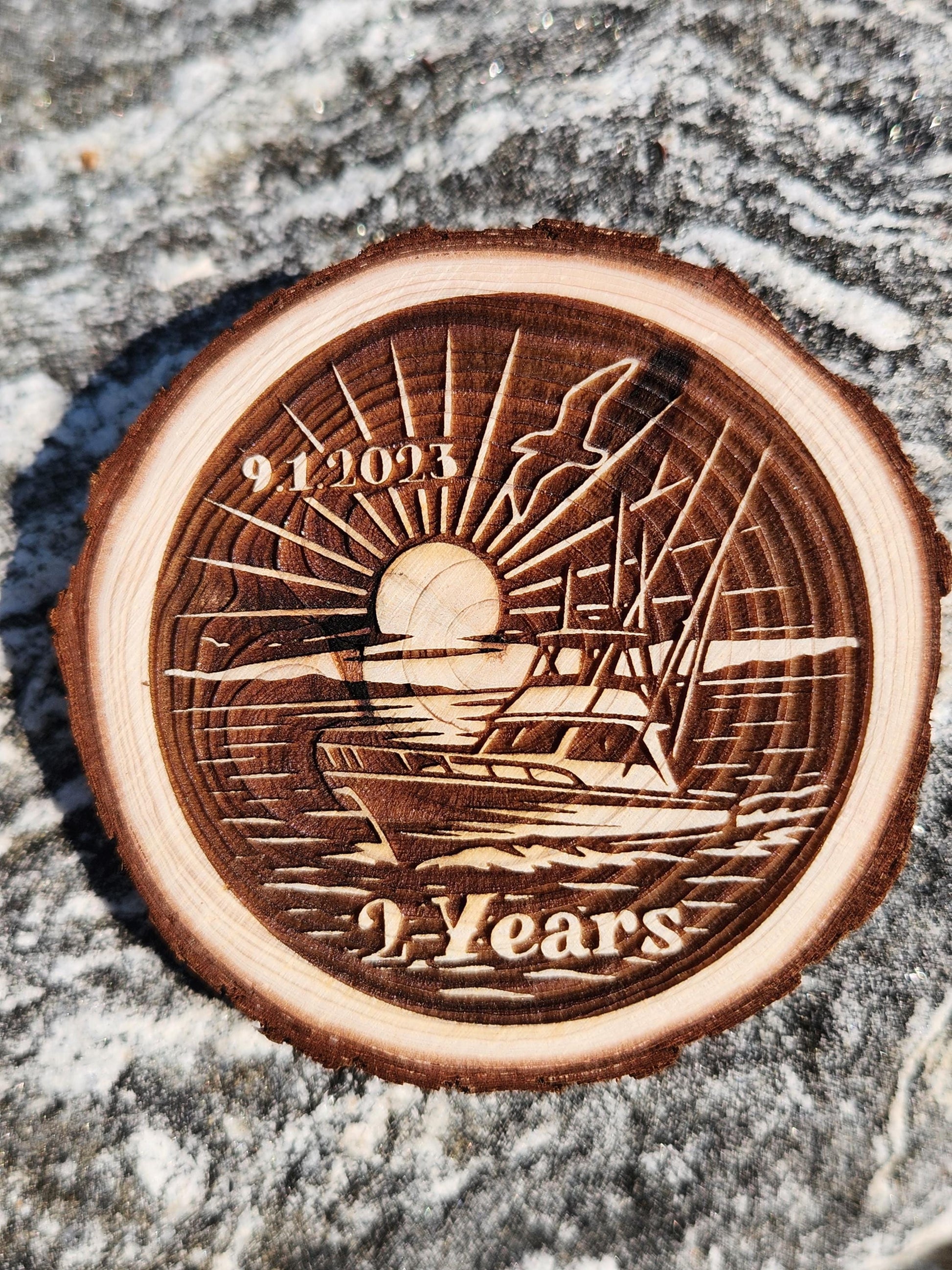 Sober Boating Wood Medallion: personalized AA sobriety medallion front view