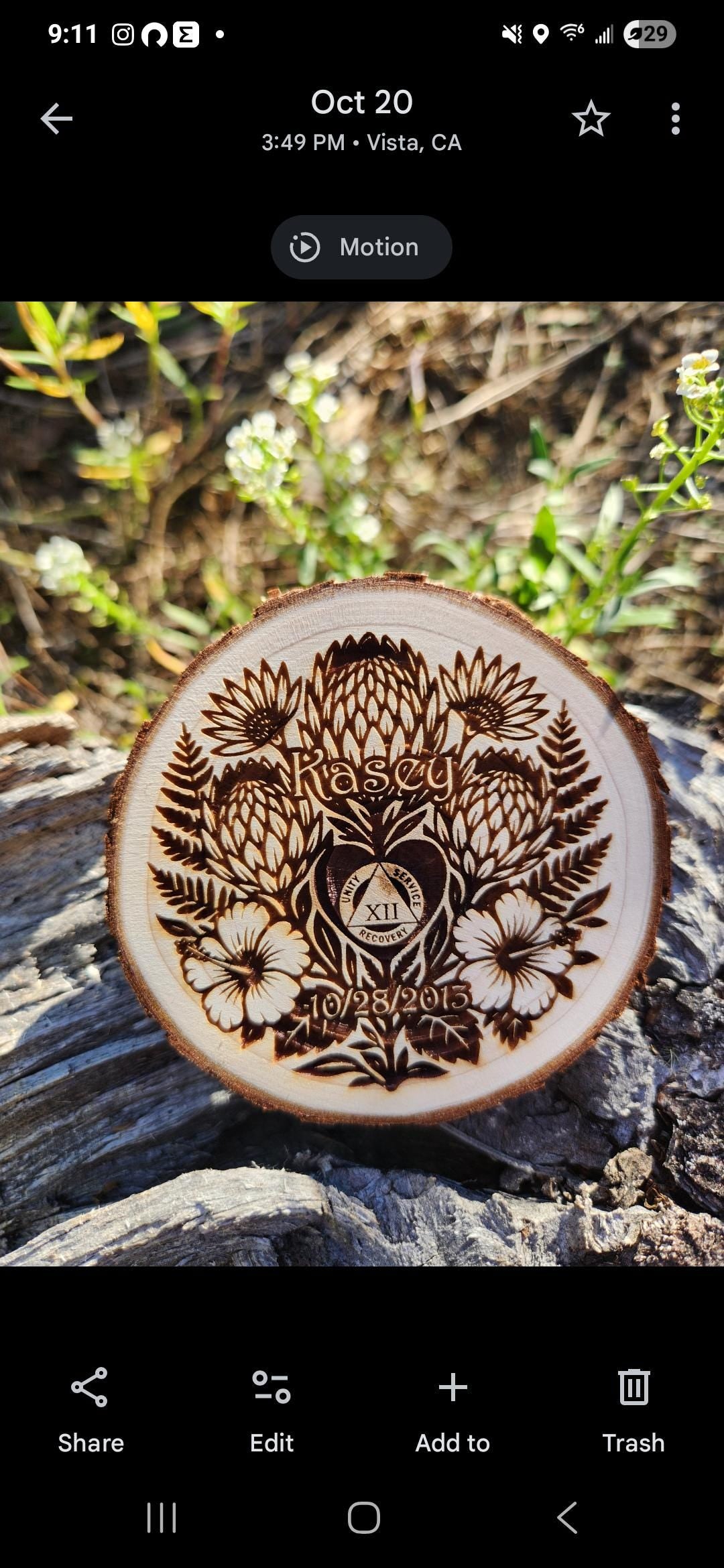 AA NA Sobriety Chip on Engraved Wood "Hawaiian Flowers" Personalized Recovery Token