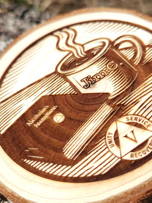 AA Sobriety Medallion: Coffee & Big Book Engraved Wood Token