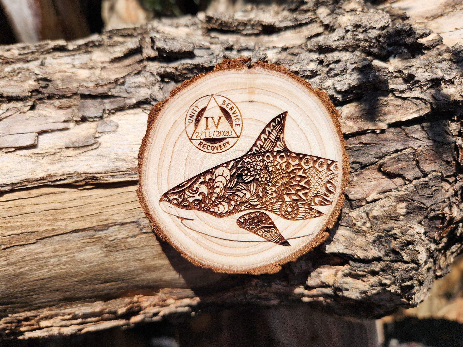 Sober Shark Wood Medallion: personalized AA sobriety medallion front view