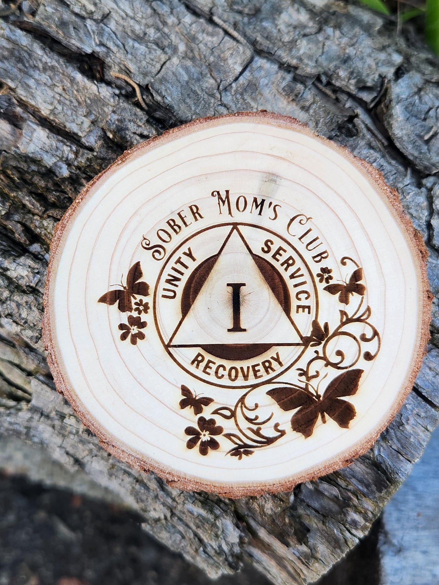 Engraved Wooden personalized AA sobriety medallion front view
