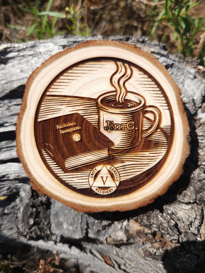 AA Sobriety Medallion: Coffee & Big Book Engraved Wood Token