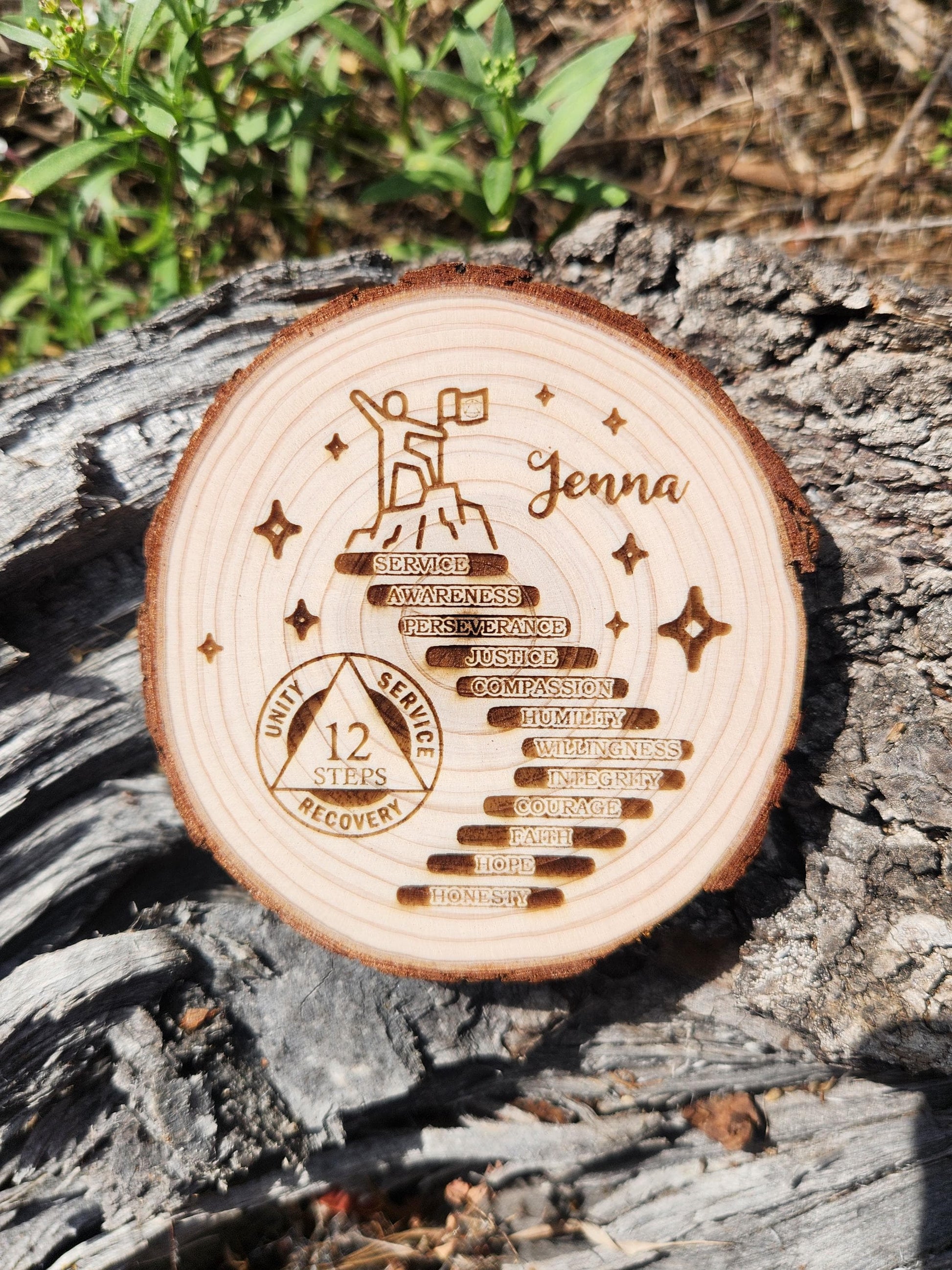 Engraved AA NA personalized AA sobriety medallion front view