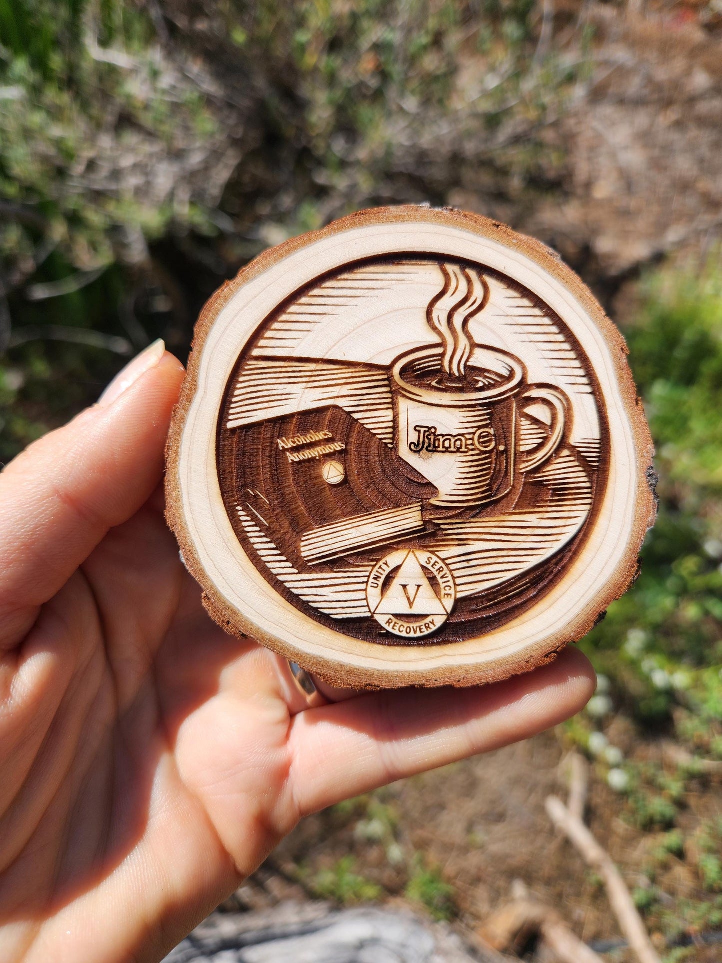AA Sobriety Medallion: Coffee & Big Book Engraved Wood Token