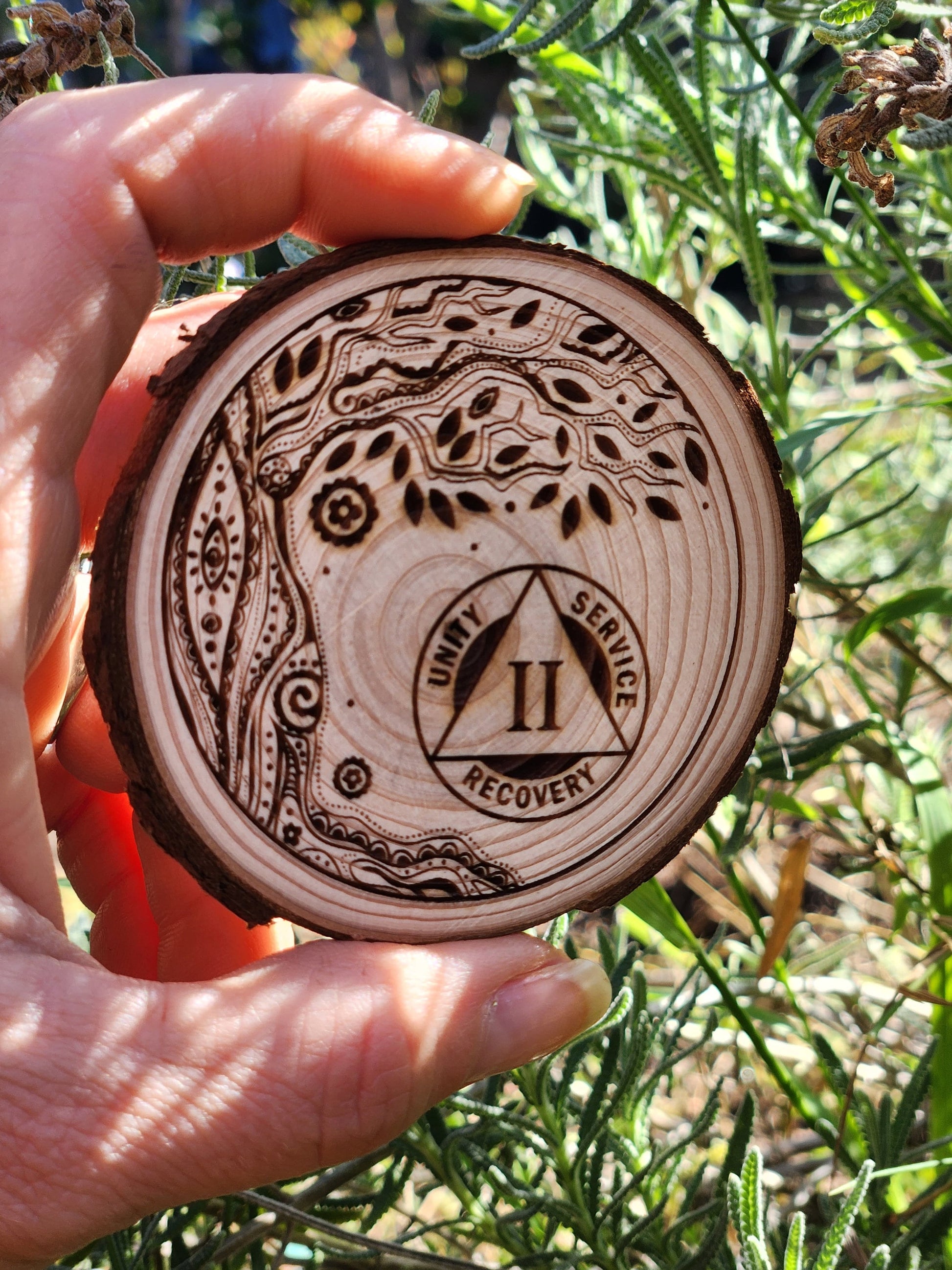 Tribal Roots Tree of Life recovery chip back with serenity prayer