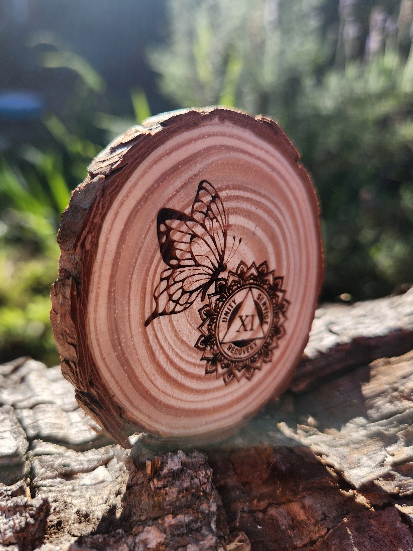 Butterfly Lotus Mandala wood medallion natural grain detail