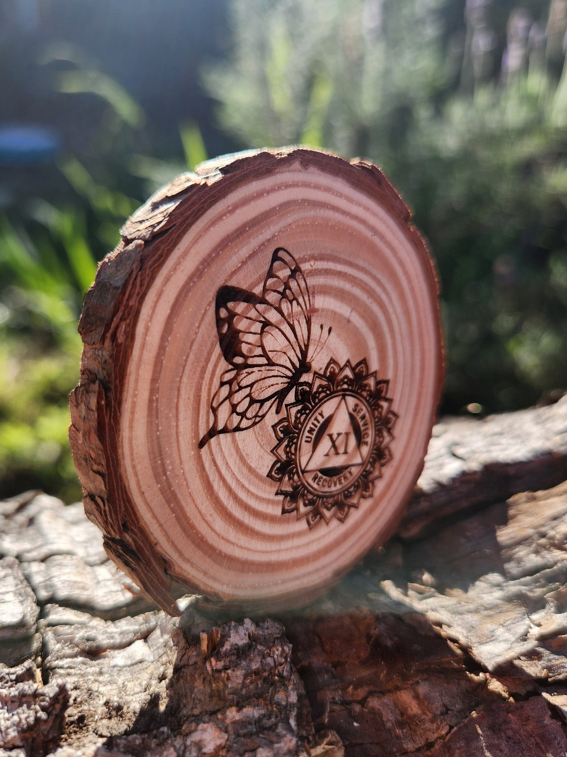 Butterfly Lotus Mandala wood medallion natural grain detail