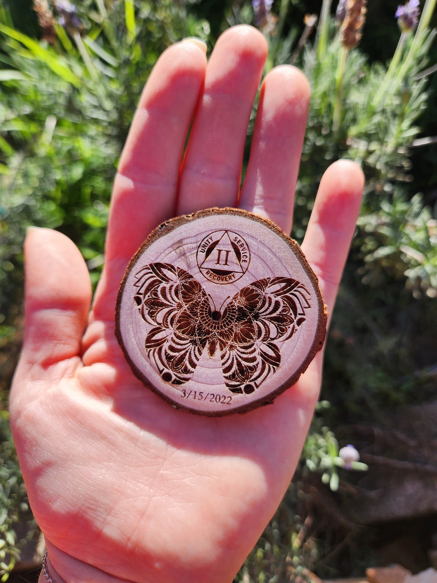 Mandala Butterfly wood medallion natural grain detail