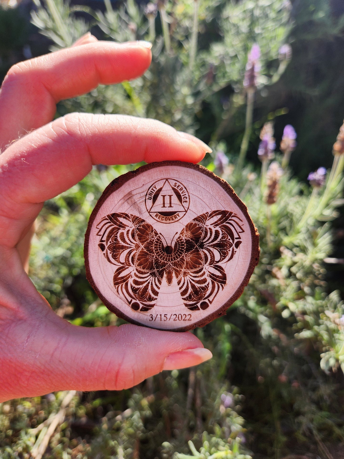 Mandala Butterfly recovery chip back with serenity prayer