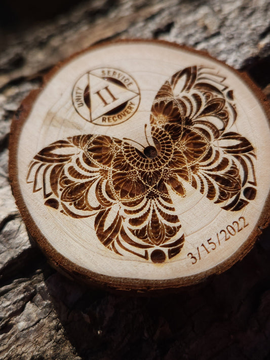 Mandala Butterfly - Engraved Wood Slice Front Design