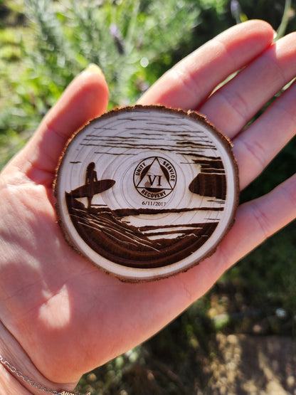 Surfer Girl at Sunset wood medallion natural grain detail