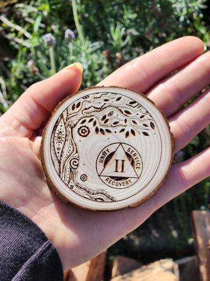 Tribal Roots Tree of Life personalized AA sobriety medallion front view