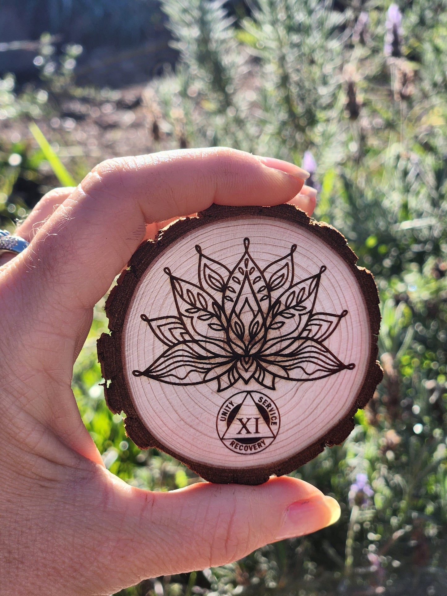 Butterfly Lotus Mandala recovery chip back with serenity prayer