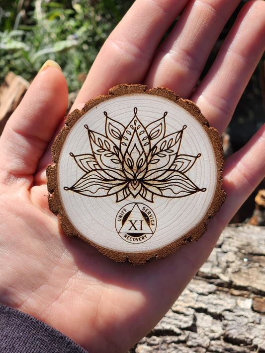 Butterfly Lotus Mandala personalized AA sobriety medallion front view