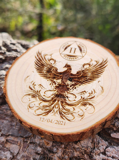 Phoenix Rising personalized AA sobriety medallion front view