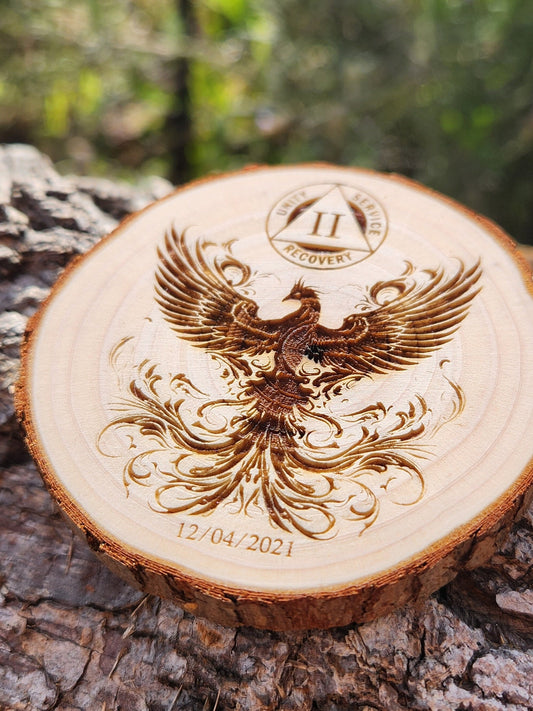 Phoenix Rising - Engraved Wood Slice Front Design