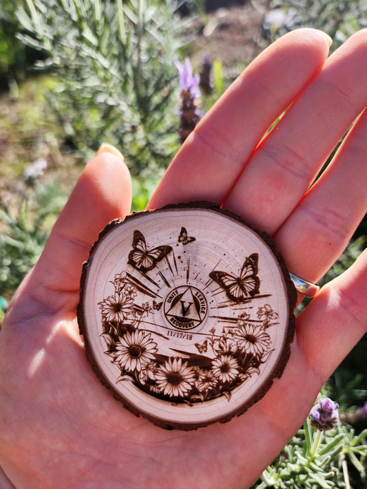 Butterfly Meadow - Engraved Wood Slice Front Design