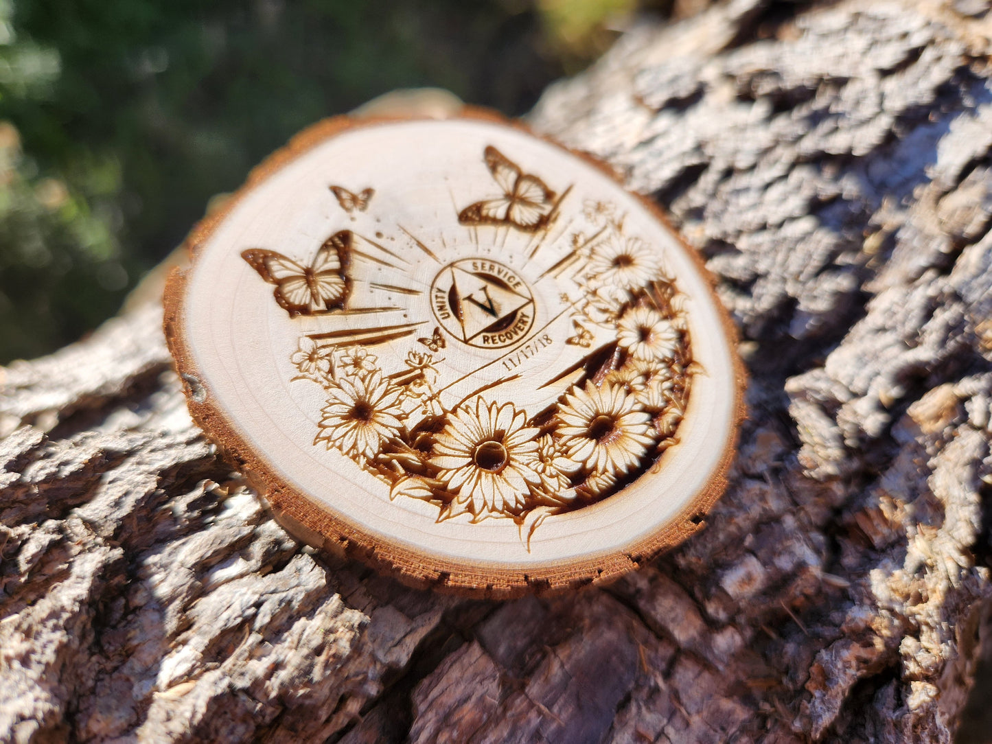 Butterfly Meadow recovery chip back with serenity prayer