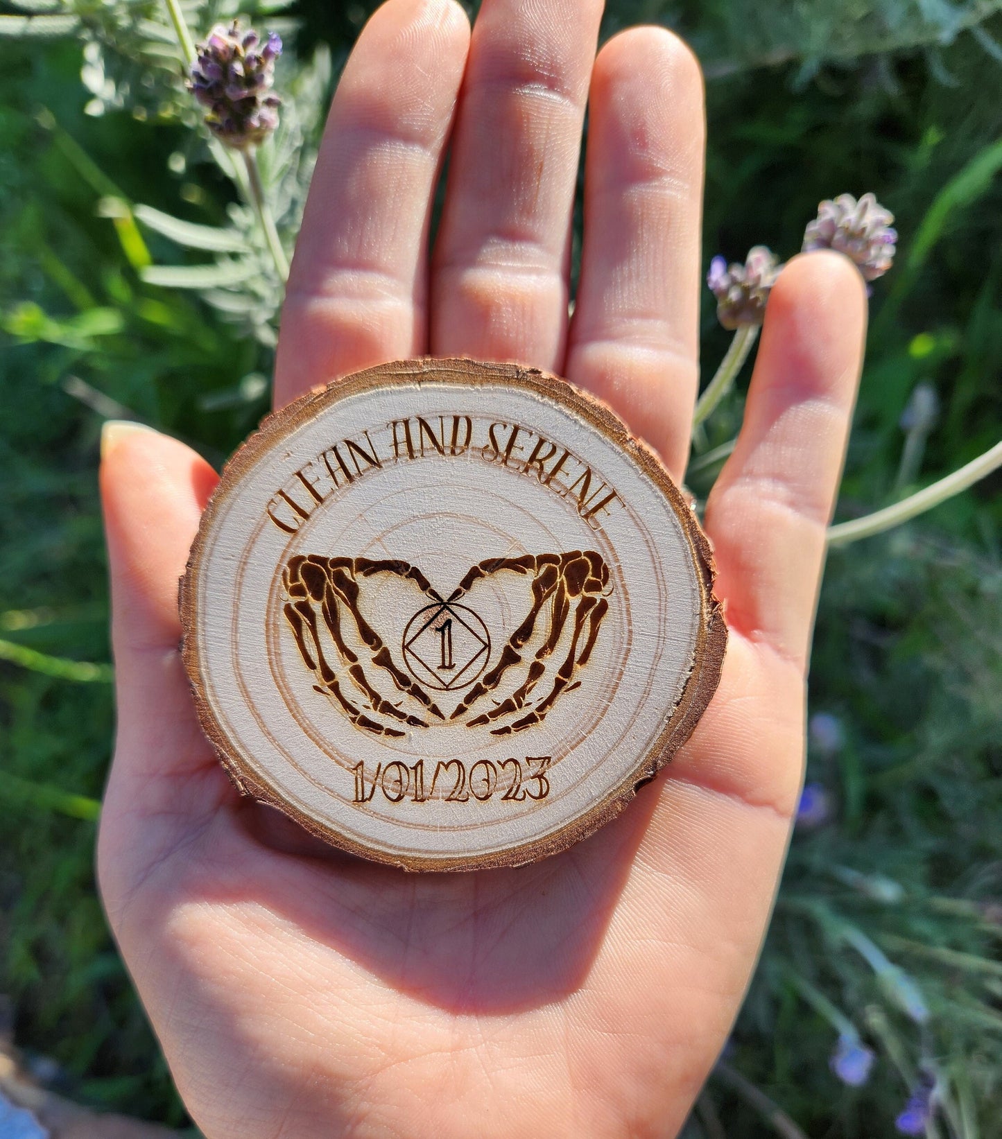 Skeleton Hand Heart and Serene NA wood medallion natural grain detail