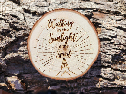 Wolf of Brotherly Love natural wood sobriety token closeup