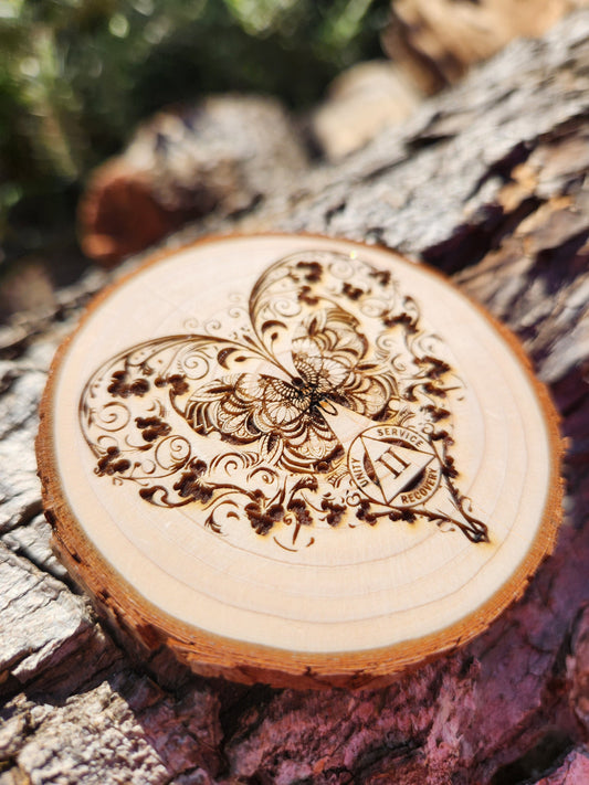 Heart and Butterfly Mandala - Engraved Wood Slice Front Design