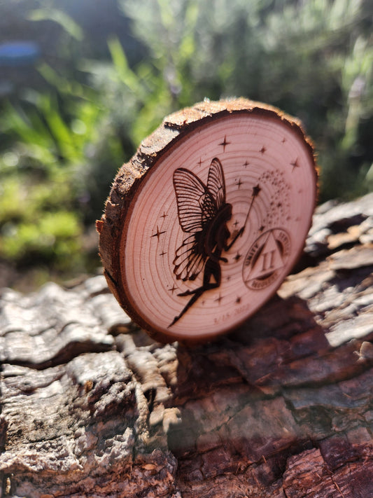 Fairy in a Starry Sky - Engraved Wood Slice Front Design