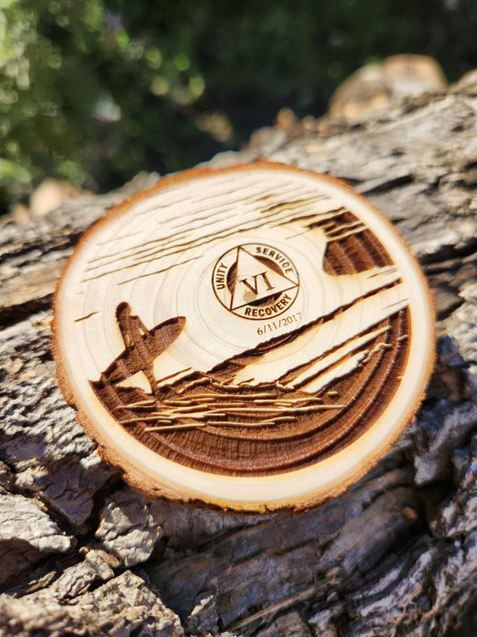 Surfer Girl at Sunset - Engraved Wood Slice Front Design