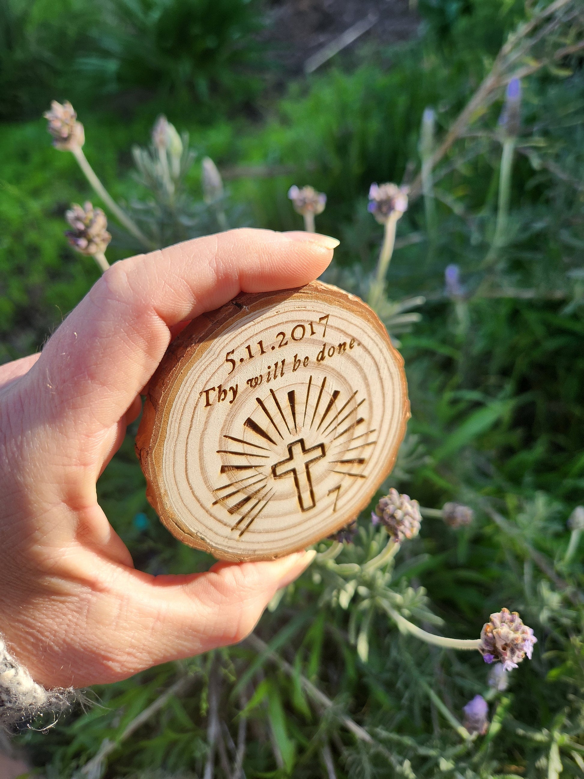 Thy Will Be Done Cross wood medallion natural grain detail