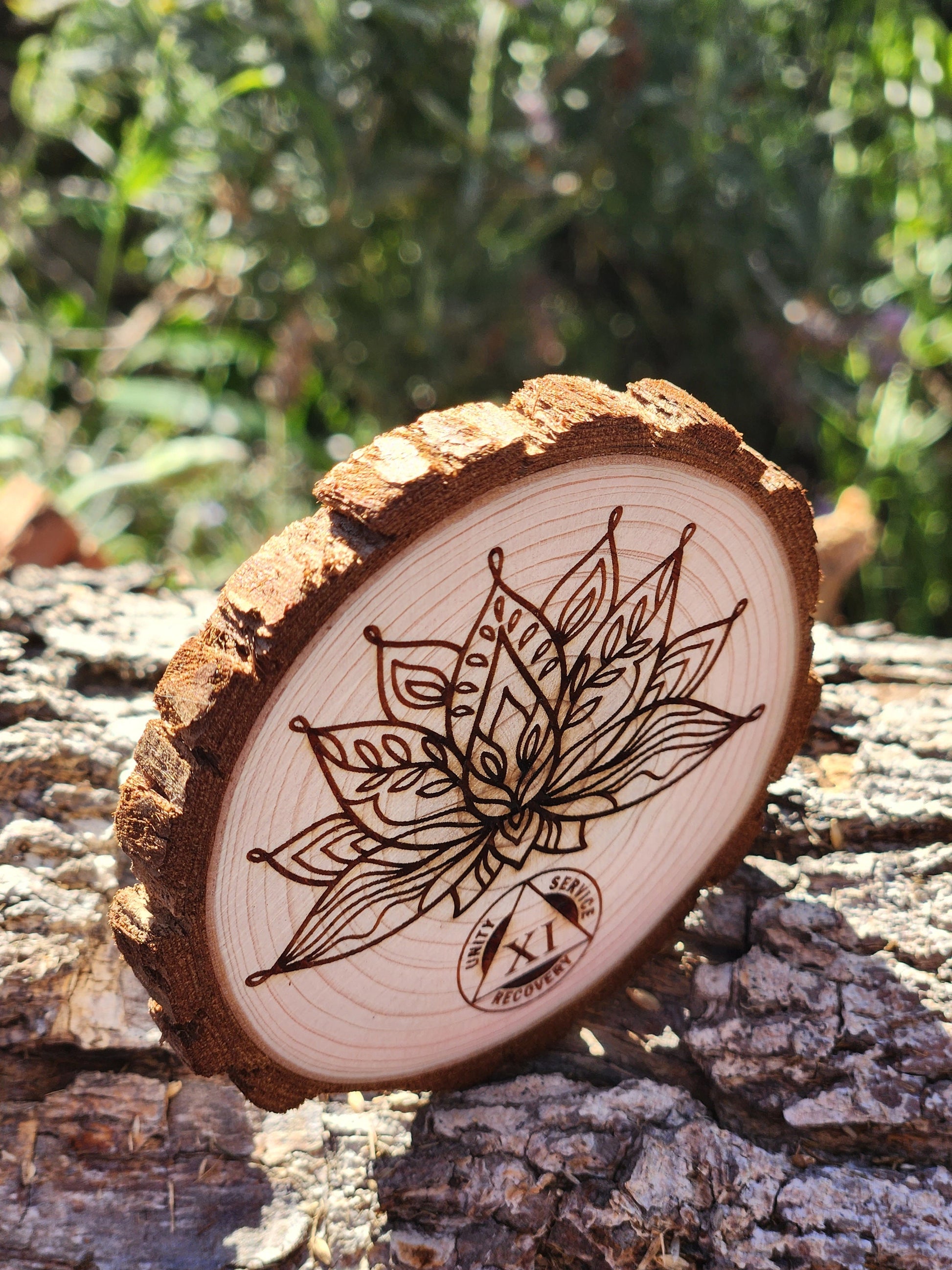 Butterfly Lotus Mandala wood medallion natural grain detail