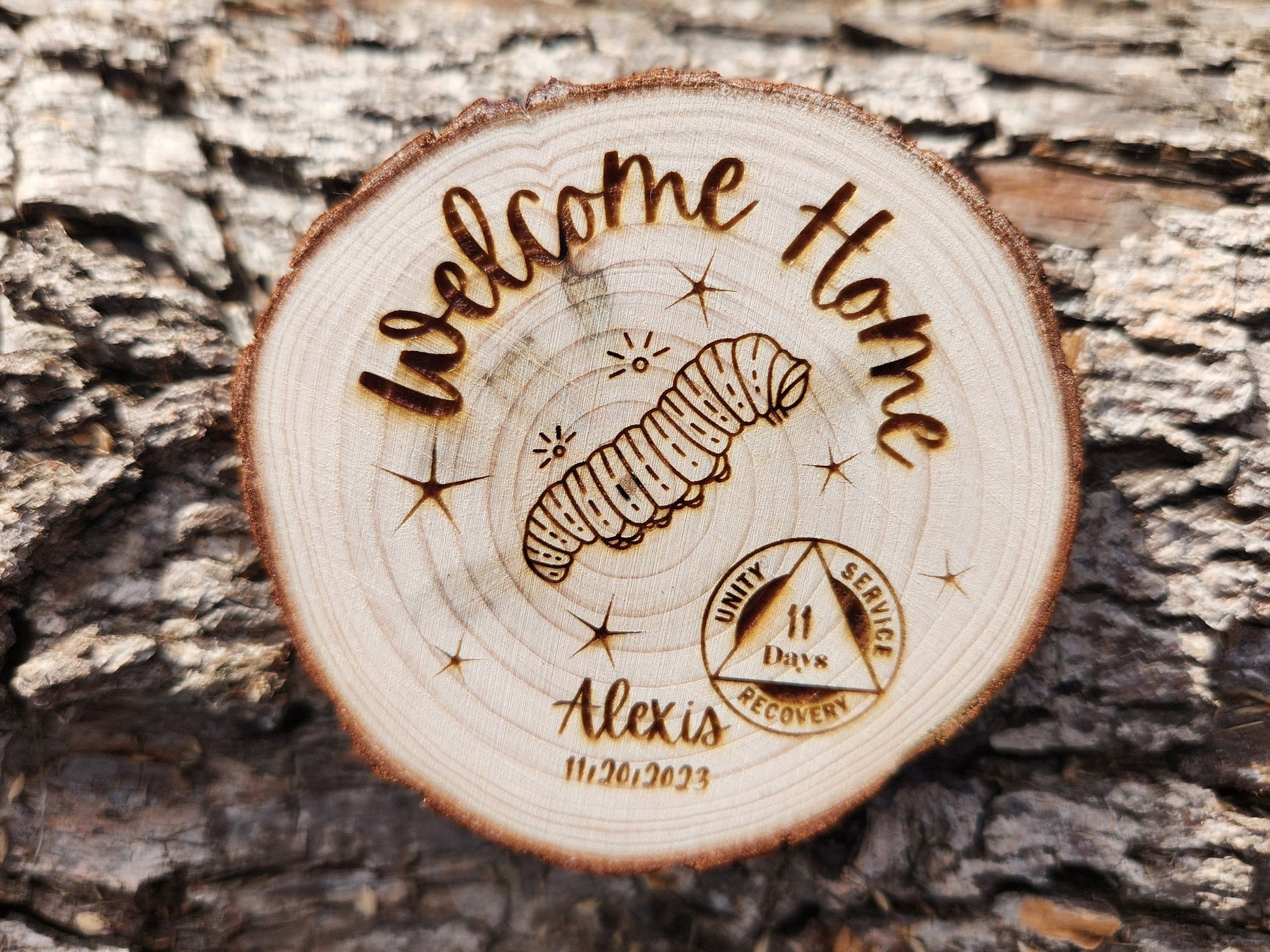 Newcomer Welcome Chip Caterpillar Butterflies personalized AA sobriety medallion front view
